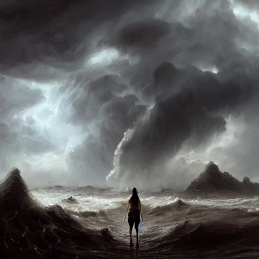 Prompt: concept art, facing the back of a woman standing alone in the middle of a sea storm, face forms in the clouds, thunderstom, rain, medieval, dark concept art, dark skies painting by wlop, nixeu and greg rutkowski, beautiful, semirealism, artstation, octane render, oil painting, sharpness, 8 k, golden ratio