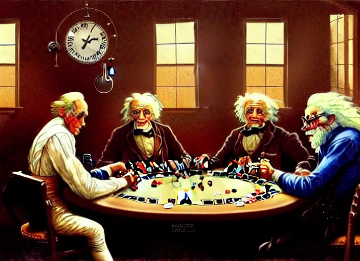 Image similar to isaac newton and stephen hawkins and asimov and albert einstein playing poker in an old west saloon, centered, digital painting, artstation, concept art, smooth, illustration, art by james gurney and norman rockwell and greg rutkowski