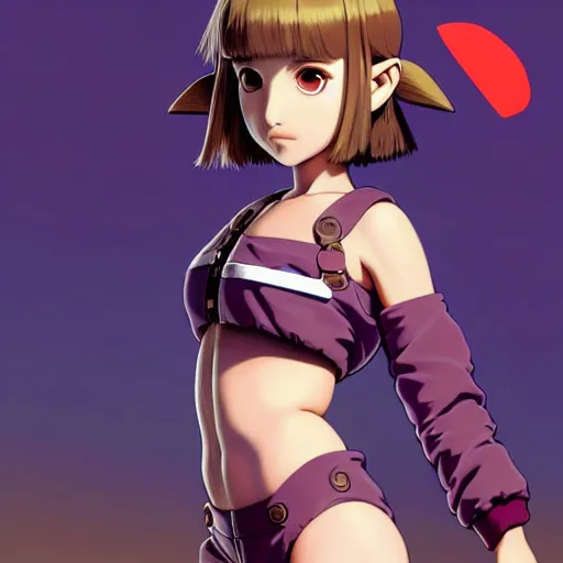 Image similar to beautiful boyish natalie portman gravure model in majora's mask, wearing big mayan bomber jacket with overalls and leotard, big bomber jacket with subtle mayan patterns, aztec bathing suit, gapmoe yandere grimdark, trending on pixiv fanbox, painted by greg rutkowski makoto shinkai takashi takeuchi studio ghibli, akihiko yoshida