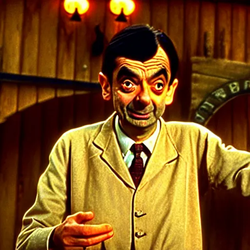 Image similar to mr. bean as the towns drunk from any western movie. movie still. cinematic lighting.