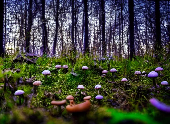 Image similar to a fantasy forest on an alien planet with delicate flowers and mushrooms that glow in the dusk, macro close up, bokeh,