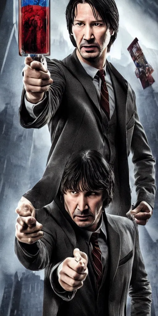 Image similar to Keanu Reaves playing Harry Potter in Harry Potter and the Rise Of The Machines Movie Poster