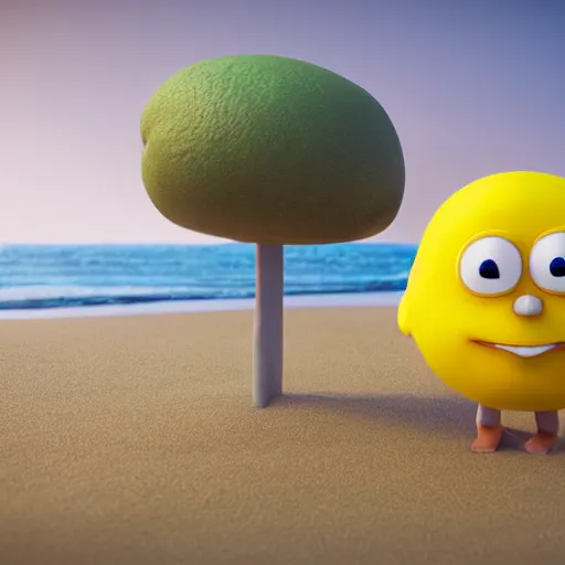 Prompt: a supercute lemon cartoon character, that is fit and muscular, it's is relaxing on a beach, inspired by dalle - 2, octane render, 3 d, volumetric lightening