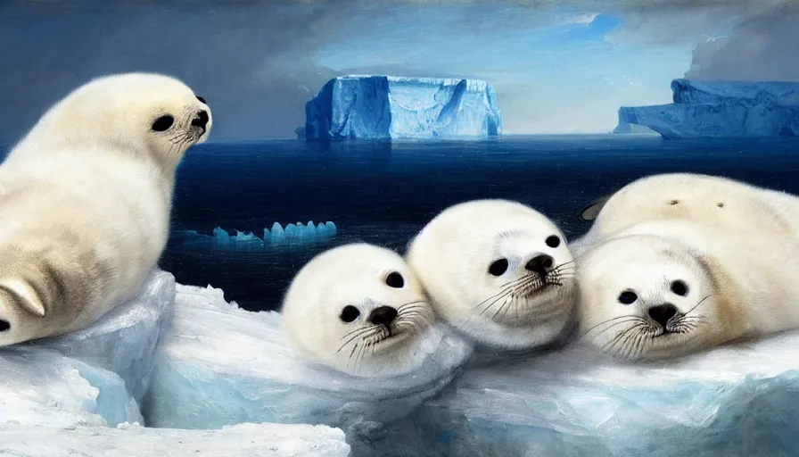 Image similar to highly detailed painting of cute furry white baby seals cuddling into each other on a blue and white iceberg by william turner, by greg rutkowski, by william constable, thick brush strokes and visible paint layers, 4 k resolution