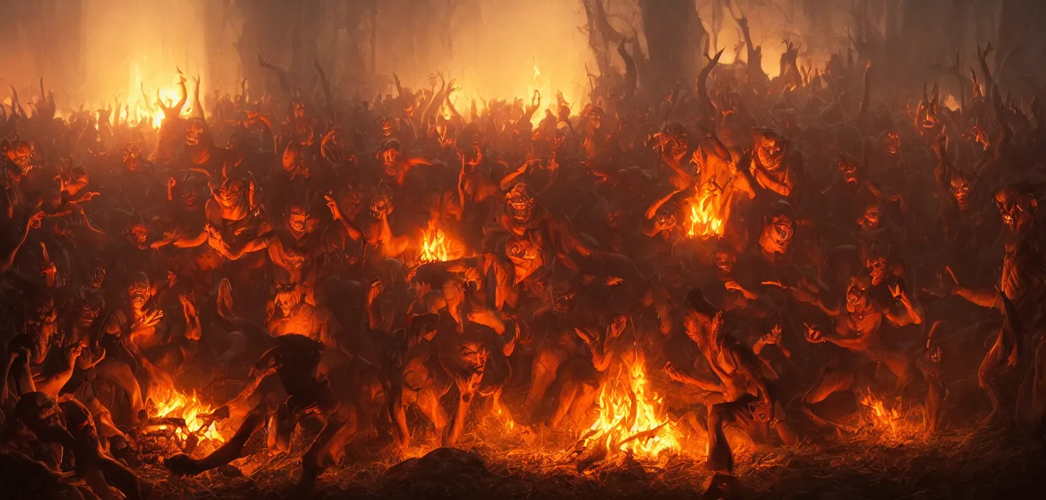 Image similar to oil matte painting, closeup portrait of ugly creepy goblins dancing around a bonfire at ba rave cheering dancing beautiful cinematic light deep focus, elegant, digital painting, smooth, sharp focus, golden ratio, dramatic illumination, ultra realistic, 8 k, art by greg rutkowski wlop rossdraws