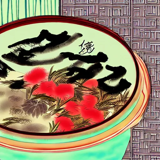 Prompt: chongqing hot pot, digital art, style of traditional chinese painting