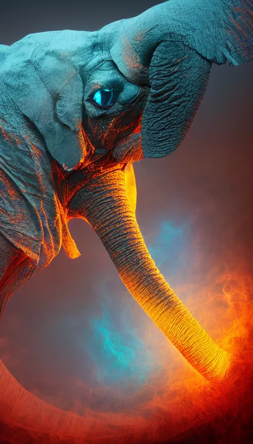 Image similar to 8K UHD Houdini Recursive structure, a fractal elephant, background bioluminescent swirling smoke wisps, natural gradient palette, volumetric lighting, 18 mm lens