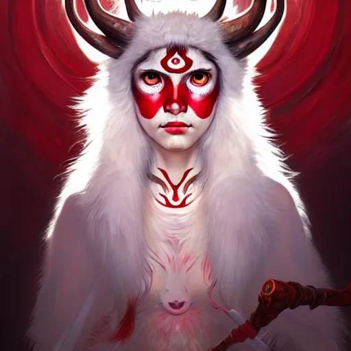 Image similar to Portrait of Princess Mononoke with red facepaint under her eyes, white fur, face, fantasy, intricate, elegant, highly detailed, digital painting, artstation, concept art, smooth, sharp focus, illustration, art by Fernanda Suarez and Artem Demura and alphonse mucha