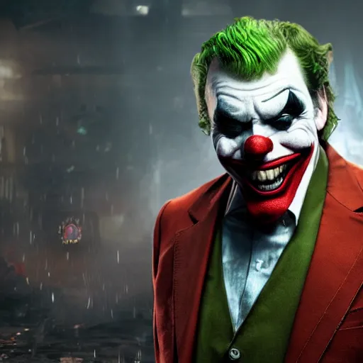 Image similar to donald trump as a joker - clown! in gears of war, splash art, movie still, cinematic lighting, ray tracing, detailed joker - clown face!, octane render, long lens, shallow depth of field, bokeh, anamorphic lens flare, 8 k, hyper detailed, 3 5 mm film grain