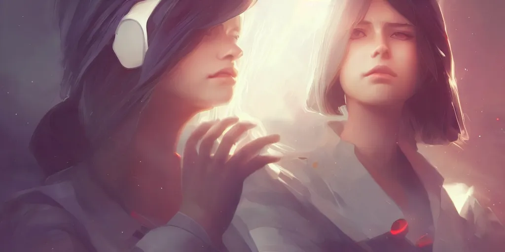 Image similar to Young woman, somber white eyes, long, gentle lighting, piloting a small space shuttle, futuristic, dim lighting, digital art by Makoto Shinkai ilya kuvshinov and Wojtek Fus, digital art, concept art,