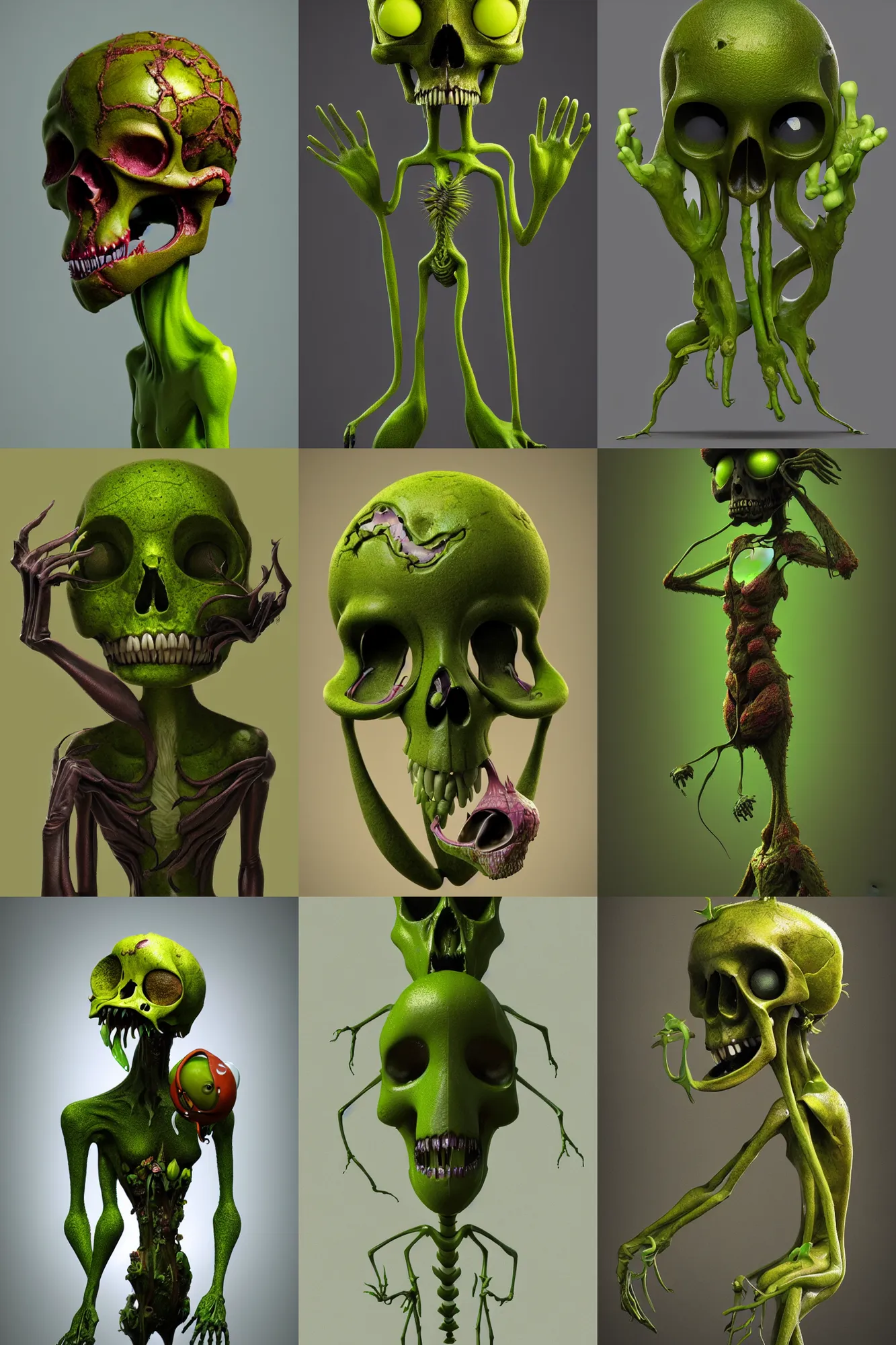 Prompt: anthropomorphic, carnivorous plant, human skull in its hands, full body, character design by Disney and Pixar, sculpted in zbrush, minimal, dystopian, big eyes with eyelashes,extremely detailed, digital painting, artstation, algae feet, concept art, volumetric lighting, golden ratio, rule of thirds, fibonacci