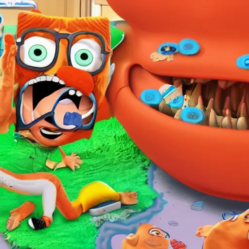 Prompt: blippi crawling through fecal matter, onlookers watching in horror, 8 k