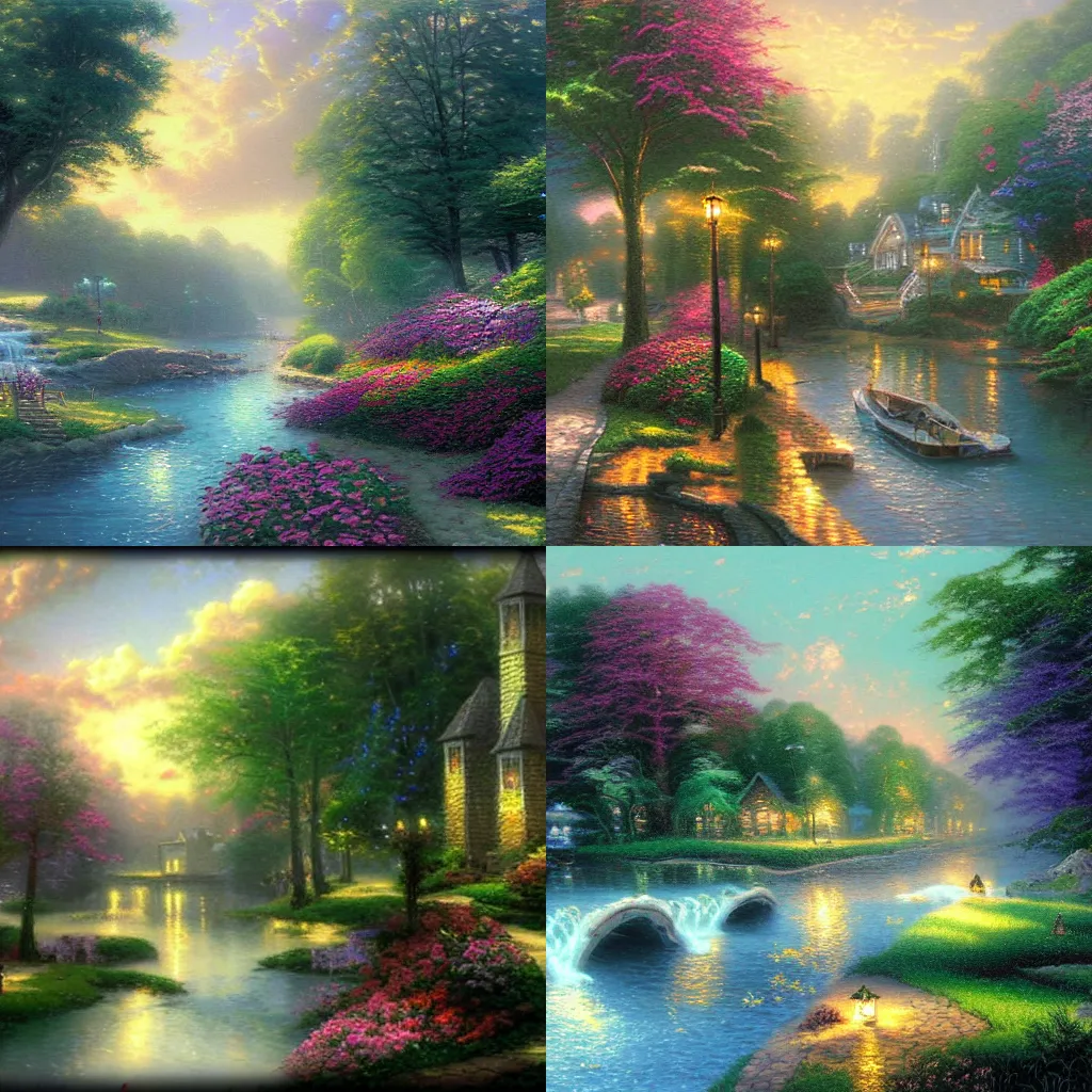 Prompt: riverside, an airbrush painting, by Thomas Kinkade, deviantart, magic realism, enchanting, matte painting