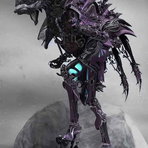 Prompt: actionism, soft painting fractal curiosities carnival, a single beautiful female in full gothic armor, riding a biomechanical wolf, accurate features, focus, very intricate ultrafine details, black white purple volumetric clouds, award winning masterpiece, octane render 8 k hd