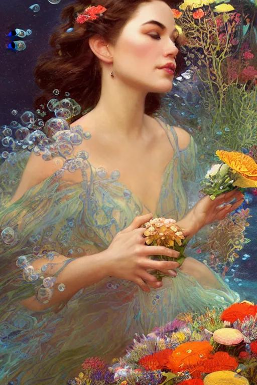 Image similar to portrait of a beautiful mysterious woman holding a bouquet of flowing flowers, small bubbles from her mouth, hands hidden under the bouquet, submerged underwater filled with colorful small fish and coral reef, fantasy, regal, intricate, by stanley artgerm lau, greg rutkowski, thomas kindkade, alphonse mucha, loish, norman rockwell