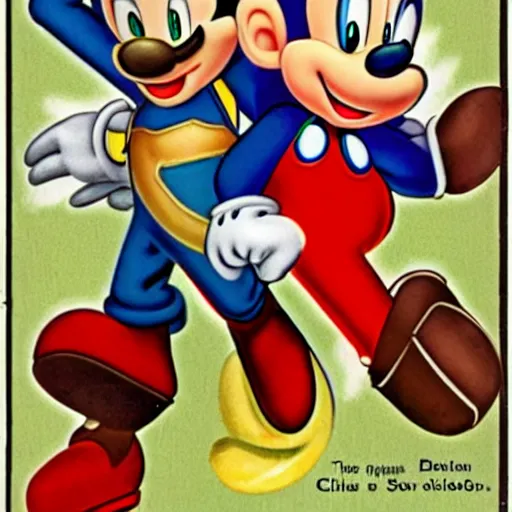 Image similar to 1940s disney film about super mario and sonic the hedgehog