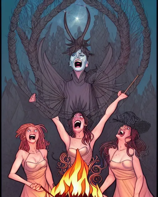 Image similar to fantasy comic cover art of a ( ( trio of witches ) ) laughing and dancing around a bonfire, detailed faces, illustration by jenny frison and sana takeda, intricate details, stunning inking lines, stunning gradient colors, 4 k, hd, artstation, award winning