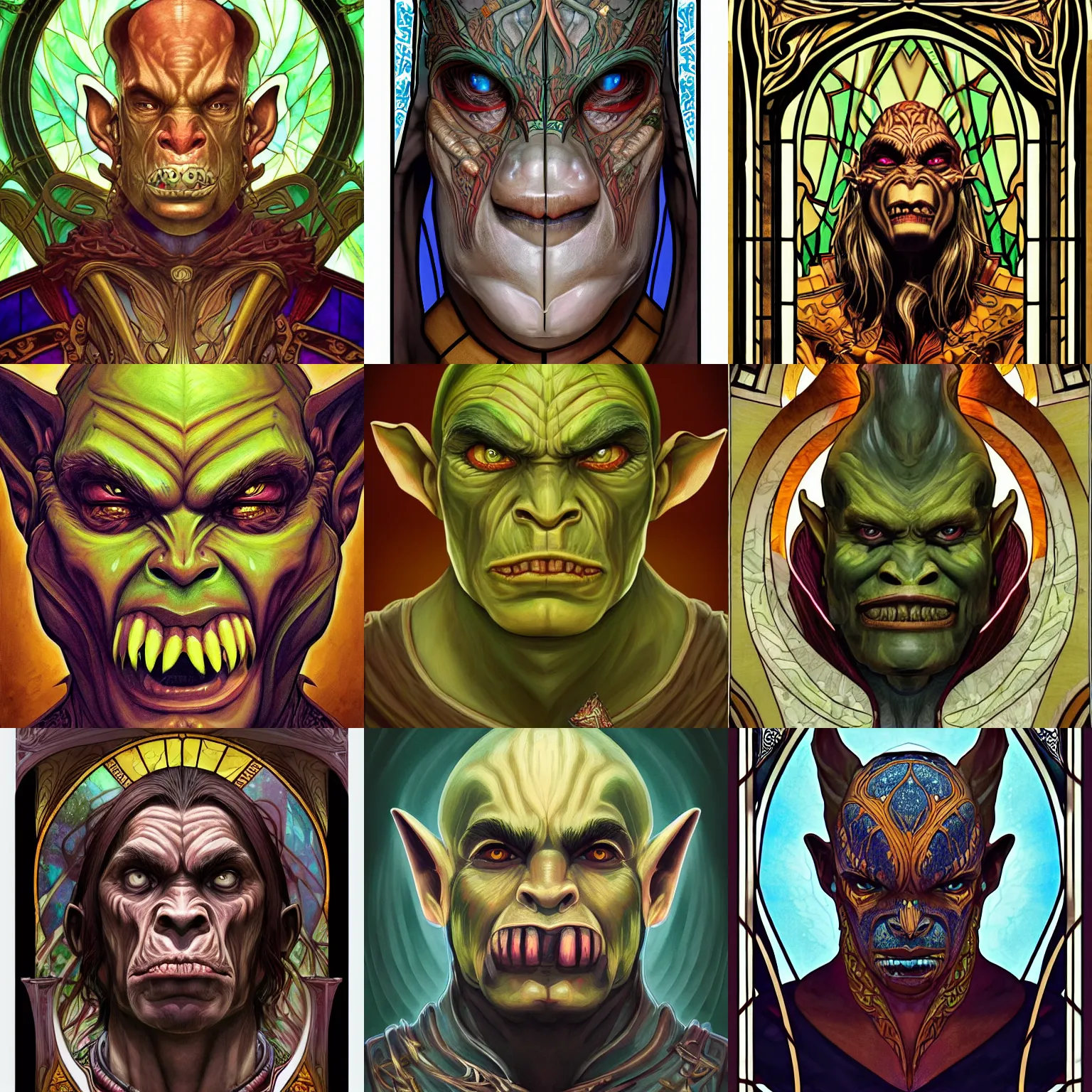 Prompt: head-on symmetrical centered painted portrait, male goblin orc rogue assassin, art nouveau, tarot card style, stained glass, fantasy, intricate, elegant, highly detailed, smooth, sharp focus, illustration, artstation, in the style of Artgerm and Anna Podedworna and Alex Ross and Mucha