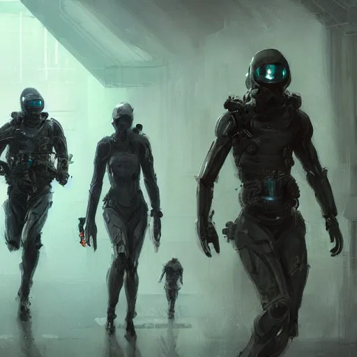 Image similar to concept art by greg rutkowski, three people running dressed in futuristic riot gear, in a claustrophobic, futuristic and brutalist environment, frightening and creepy atmosphere, scifi, highly detailed portrait, digital painting, artstation, concept art, smooth, sharp foccus ilustration, artstation hq