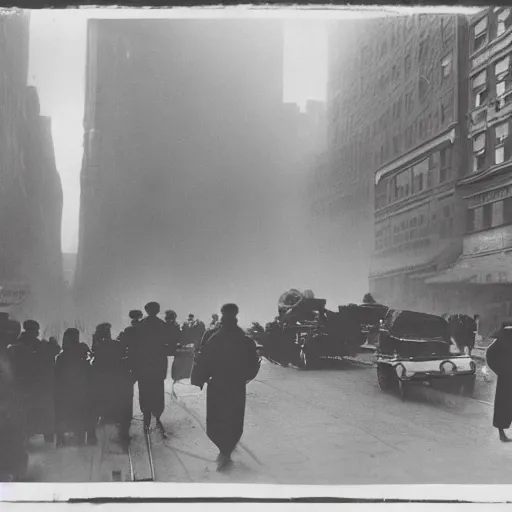 Prompt: old black and white photo, 1 9 1 3, depicting a giant alien kaiju monster rampaging through the bustling streets of new york city, historical record, volumetric fog