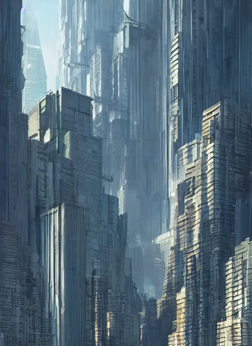 Prompt: A professional digital painting of a street-level view of a far-future city, haphazard corrugated metal skyscrapers, by Greg Rutkowski and James Gurney, trending on Artstation