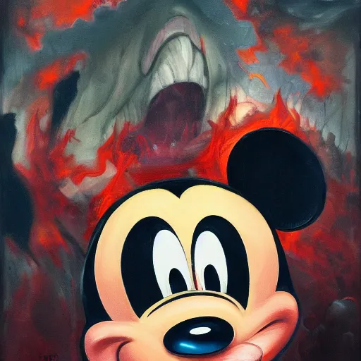 Image similar to mickey mouse in hell, oil painting, trending on artstation, renaissance, highly detailed, dynamic pose, gloomy