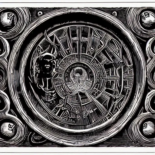 Prompt: woodcut of demonic portal to hell by Greg Hildebrandt. Stargate. Very detailed intricate linework