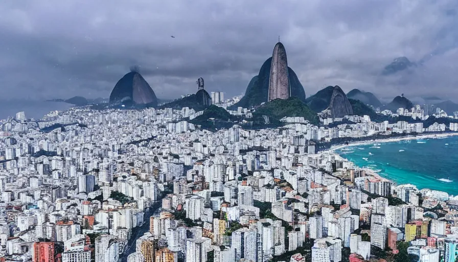 Image similar to the city of rio de janeiro covered in snow, view from copacabana beach, winter photograph, snowing, 4 k, award winning photograph, beautiful, trending on instagram