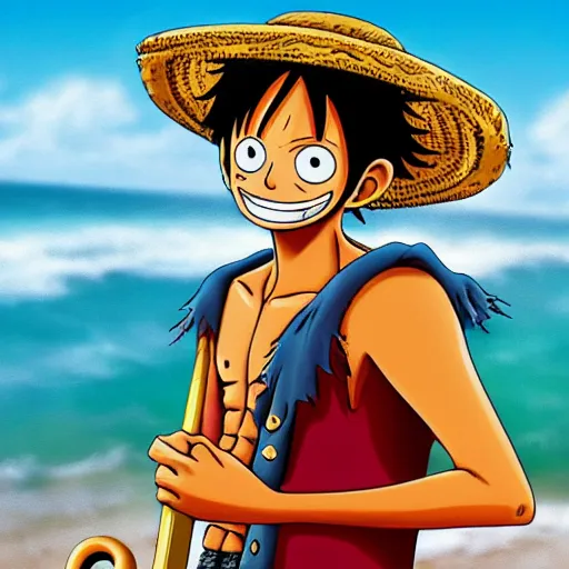 Image similar to Monkey D Luffy holding his straw hat, ocean background