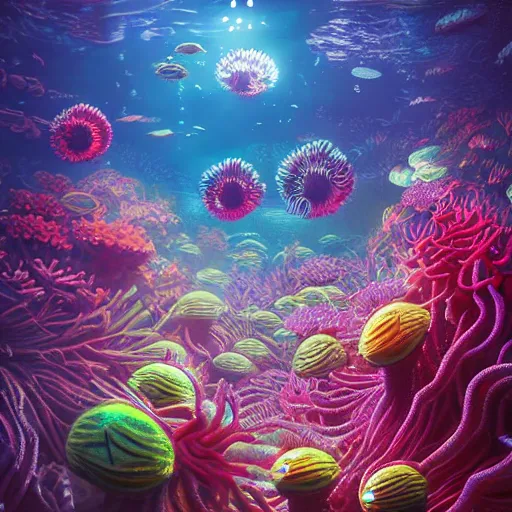 Prompt: intricate alien anemones and coral reef with happy faces, underwater photography, soft focus, soft lighting, by Pixar, by Alena Aenami