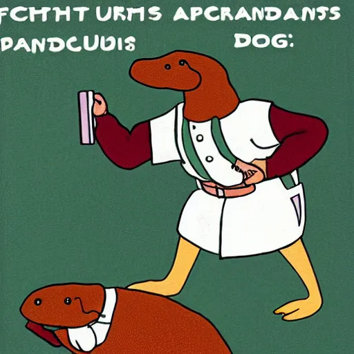 Image similar to A pharmacist fighting a platypus.