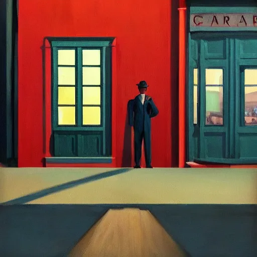 Image similar to a fine art painting of the ingame avatars from planet coaster with a coaster in view in the style of edward hopper and wes anderson.