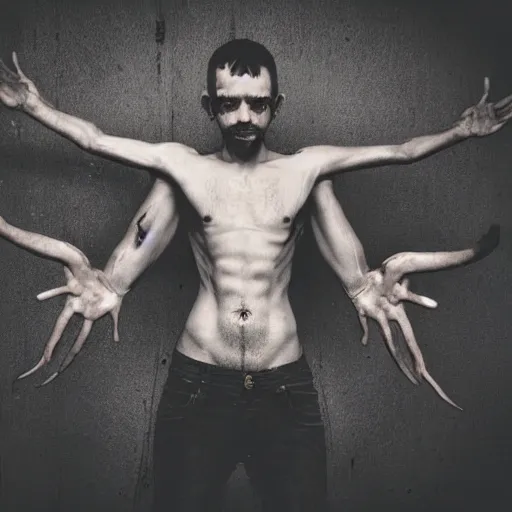 Image similar to ultra detailed photo of a man with many arms covering his entire body