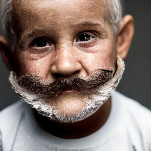 Prompt: a 4 year old boy with old wrinkly skin, wrinkly forehead, looking old, facial hair, natural beard, natural mustache, old skin, lots of wrinkles, age marks, old gray hair, very old, young kid, 4 years old, very young, portrait photo, head shot