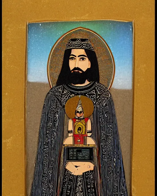 Prompt: Persian miniature portrait of a robot saint made of cables and robotic pod