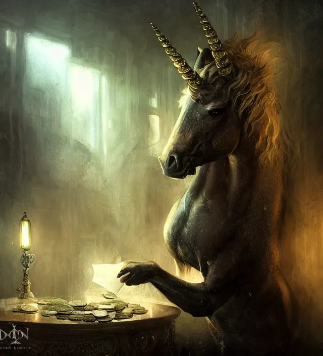 Prompt: a unicorn counting currency, cinematic atmospheric lighting, dark, atmospheric, brooding, painted, intricate, ultra - detailed by dave dorman, well composed, best on artstation, cgsociety, epic, stunning, gorgeous, intricate details, wow, masterpiece