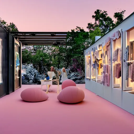Image similar to An ultra high definition, professional photograph of an outdoor partial IKEA showroom inspired sculpture located on a pastel pink beach ((with pastel pink, dimpled sand where every item is pastel pink. )) The sun can be seen rising through a window in the showroom. The showroom unit is outdoors and the floor is made of dimpled sand. The showroom unit takes up 20% of the frame. A square dot matrix sign displays an emoji somewhere in the scene. Morning time indirect lighting with on location production lighting on the showroom. In the style of wallpaper magazine, Wes Anderson.