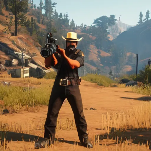 Prompt: engineer gaming tf 2 in red dead redemption 2, gameplay screenshot hd