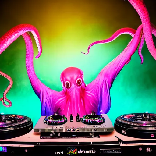 Image similar to award winning photo of an octopus! as a dj with tentacles! simultaneously placed turntables cdjs and knobs of a pioneer dj mixer. sharp, blue and fuschia colorful lighting, in front of a large crowd, studio, medium format, 8 k detail, volumetric lighting, wide angle, at an outdoor psytrance festival main stage at night