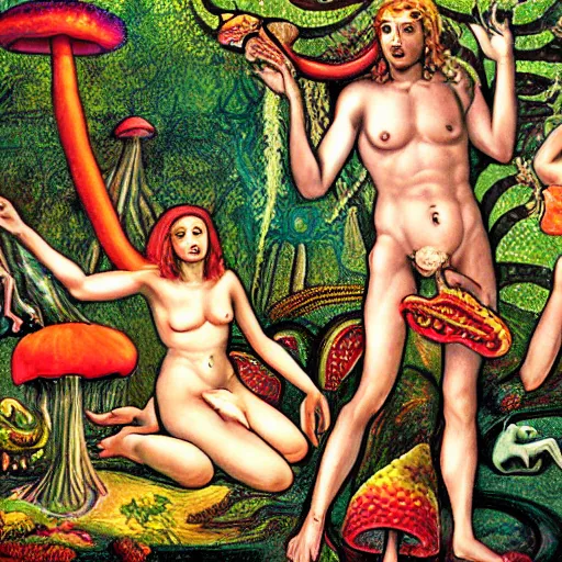 Prompt: horror vacui depicting the garden of eden, adam and eve are eating a giant psychedelic mushroom, snakes and angels are in the background,