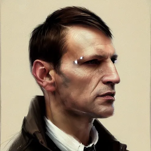 Image similar to Portrait of a man by Greg Rutkowski, he is about 40 years old, mixture between russian and irish, side parted combover brown hair, attractive, NARROW very very very very sharp face ANGULAR hawkish facial features, hooked nose , extremely pale white skin, smart looking, he is wearing a black trenchcoat, highly detailed portrait, scifi, digital painting, artstation, concept art, smooth, sharp foccus ilustration, Artstation HQ