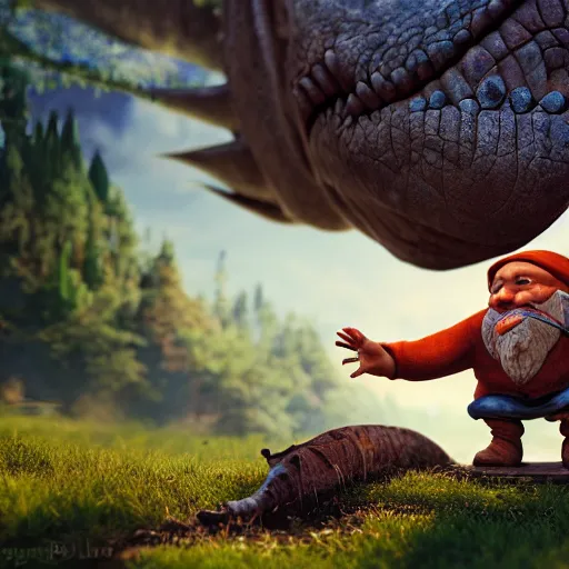 Image similar to ancient gnome riding the dinosaur, photorealistic cinematic scene, very coherent, hyper realism, high detail, vivid colors, octane render, unreal engine, 8k, Smooth gradients, High contrast, depth of field