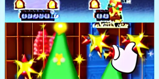 Image similar to bowser helps mario put the star on the tree, wholesome scene, friends