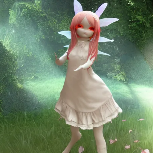 Image similar to cute fumo plush of a girl of the fae, fairy folk, ritual dress, natural bokeh vray render