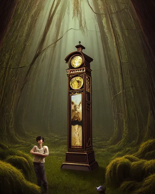 Image similar to highly detailed surreal vfx portrait of a cursed grandfather clock in a shadowy forest by a willow tree, stephen bliss, unreal engine, greg rutkowski, loish, rhads, beeple, makoto shinkai and lois van baarle, ilya kuvshinov, rossdraws, tom bagshaw, alphonse mucha, global illumination, detailed and intricate environment