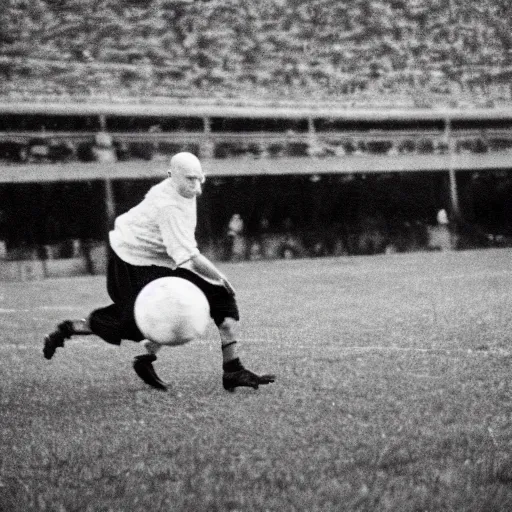 Prompt: portrait of nosferatu playing alone football at the world cup, sport photography