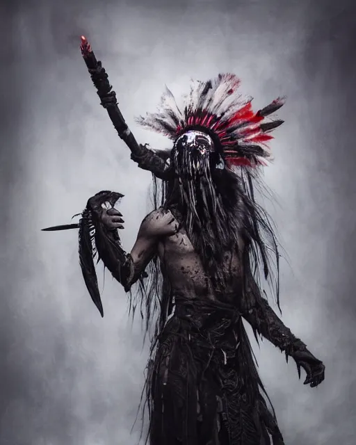 Image similar to the ghost - spirit of the grim - warpaint wears the scarlet skull armor and native blood headdress feathers, midnight fog - mist!, dark oil painting colors, realism, cinematic lighting, various refining methods, micro macro autofocus, ultra definition, award winning photo, photograph by ghostwave - gammell - giger - shadowlord