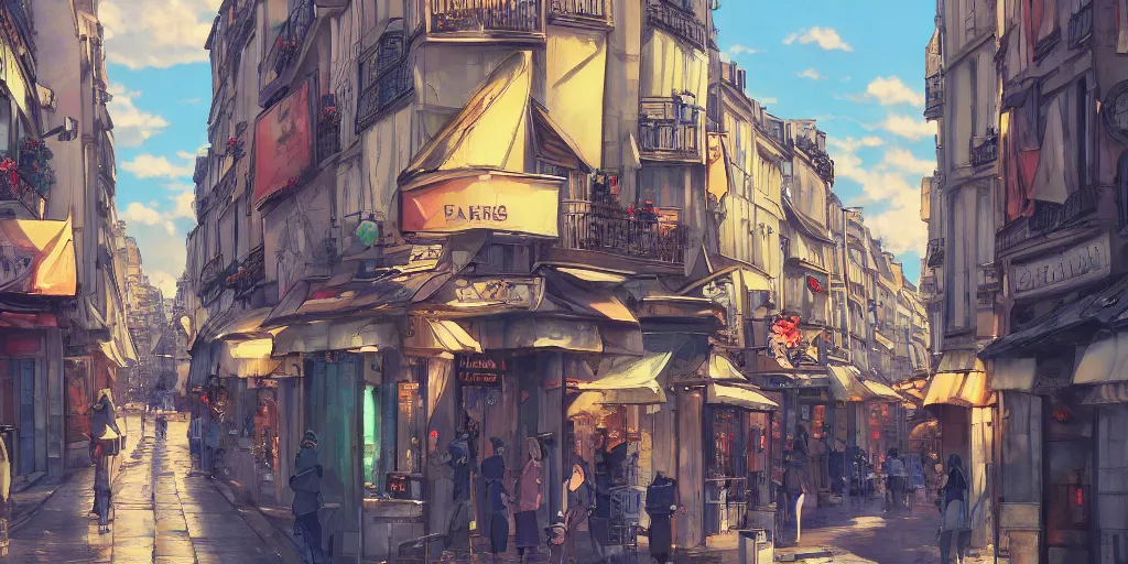 Image similar to a parisian street, a street in paris, ultra high quality, 4 k, by miyazaki and makoto shinkai, anime screenshot, colorful, artstation, pixiv,