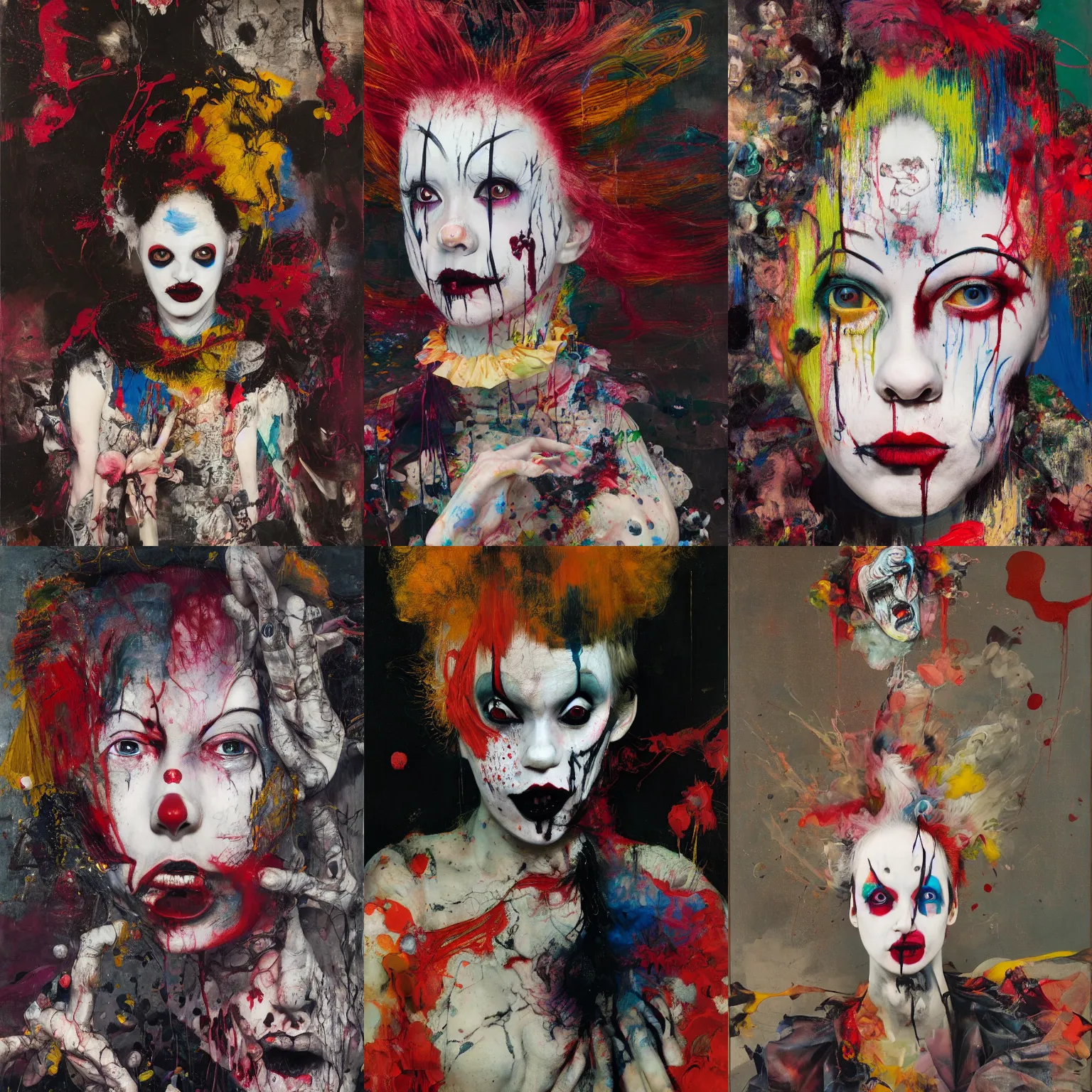 Prompt: clown girl, gothic, rich deep colours, painted by francis bacon, adrian ghenie, james jean and petra cortright, part by gerhard richter, part by takato yamamoto. 8 k masterpiece