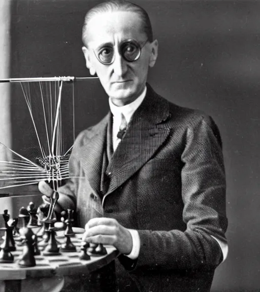 Image similar to marcel duchamp holding up a chess - piece wire - machine, a surrealist painting by marcel duchamp, complex artificial - intelligence machinery, flickr contest winner, studio portrait, 1 9 2 0 s